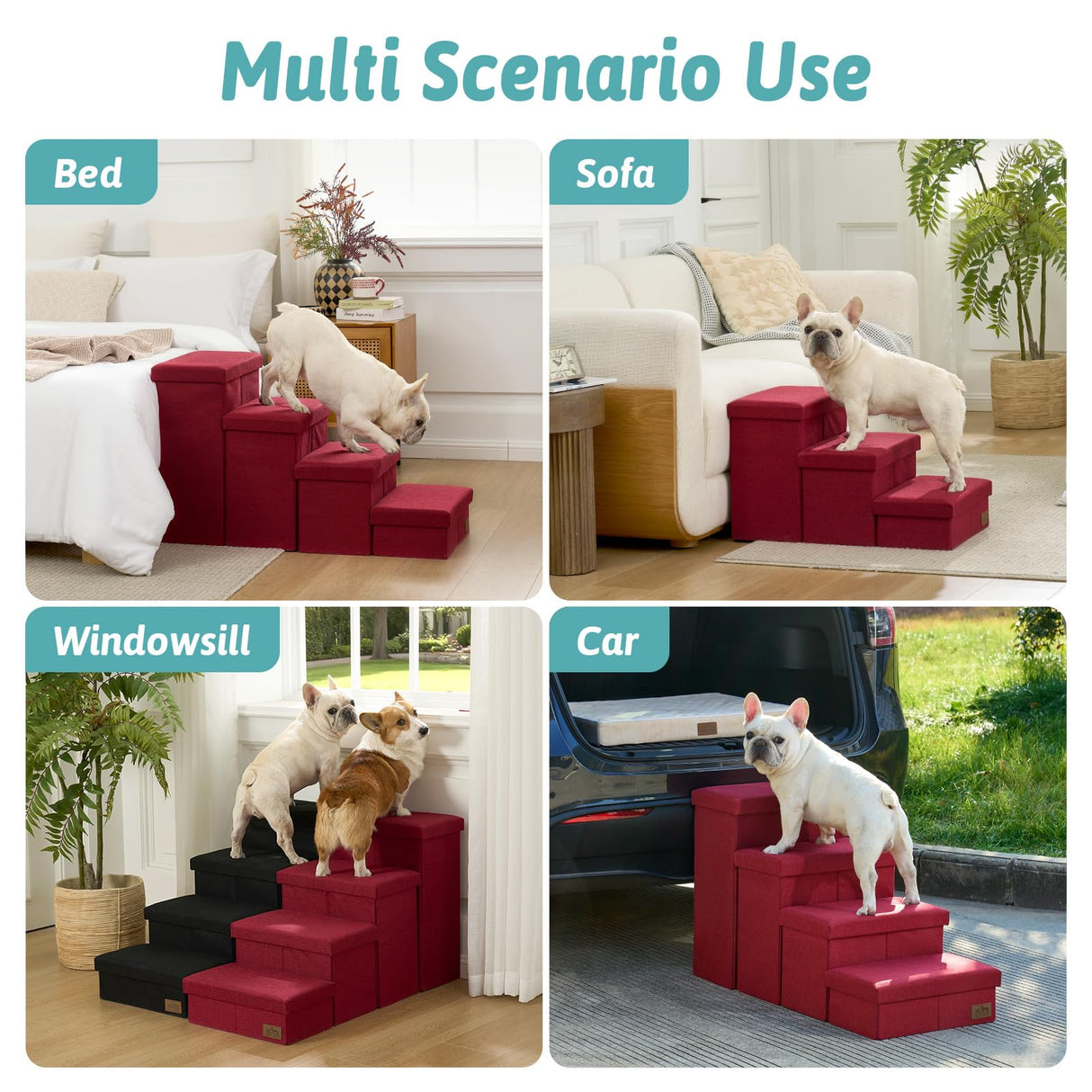 Dog Stairs with Storage, 4-Step Wider Sturdy Dog Steps for Small/Medium/Large Dogs and Older Cats, Folding Doggie Ramp for Bed/Couch/Car Hold Up to 180 lbs (22" H, Burgundy)