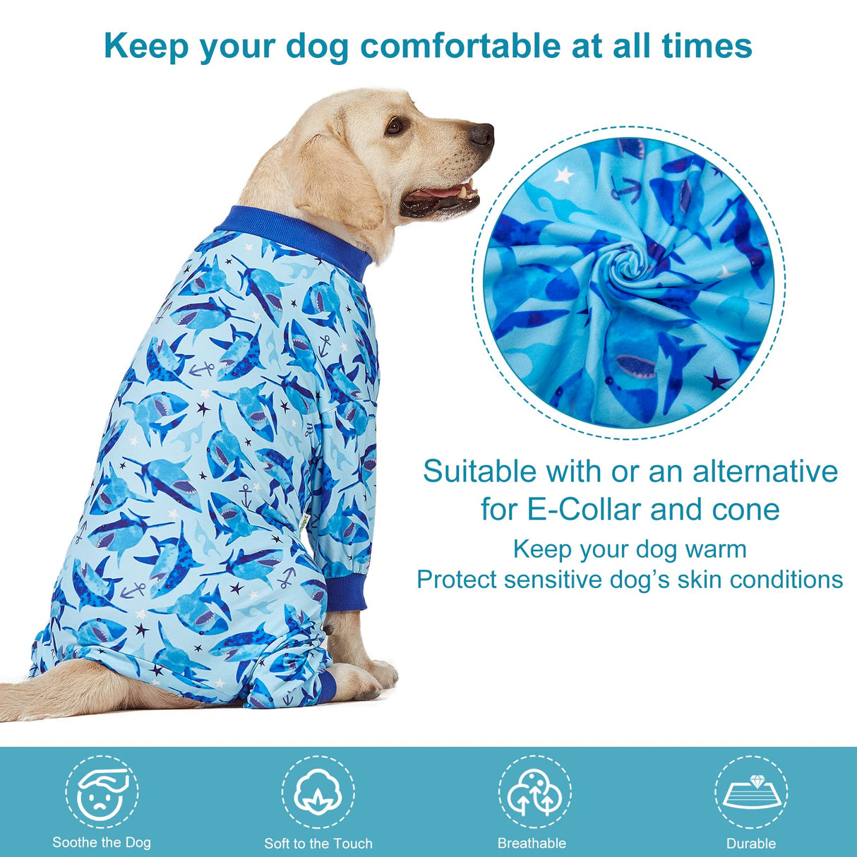 LovinPet Shirts for Pitbull Dogs, Pjs for Large Dogs, Lightweight Onesie, Sea Shark Action Print, Dog Clothing, UV Protection, Easy Wearing Adorable Dog Jumpsuit /3XL