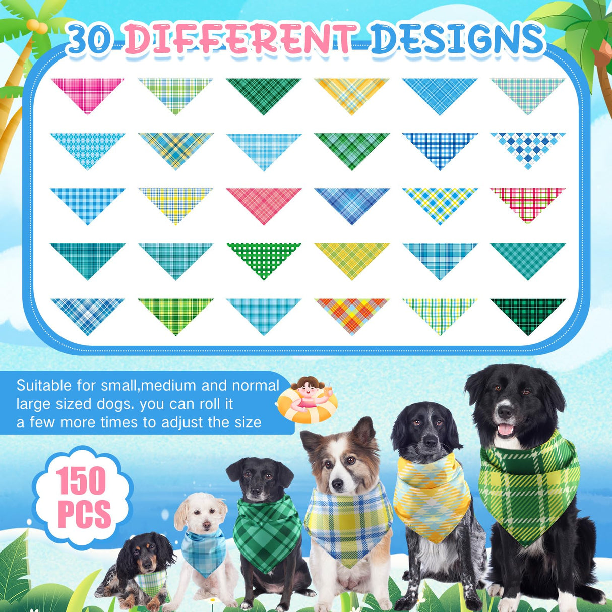 Pickmesh 150 Pcs Summer Plaid Dog Bandanas Bulk Summer Pet Scarf Bibs Adjustable Washable Pet Kerchief Seasonal Costume Accessories Holiday Grooming Supplies for Small to Large Cat Dog