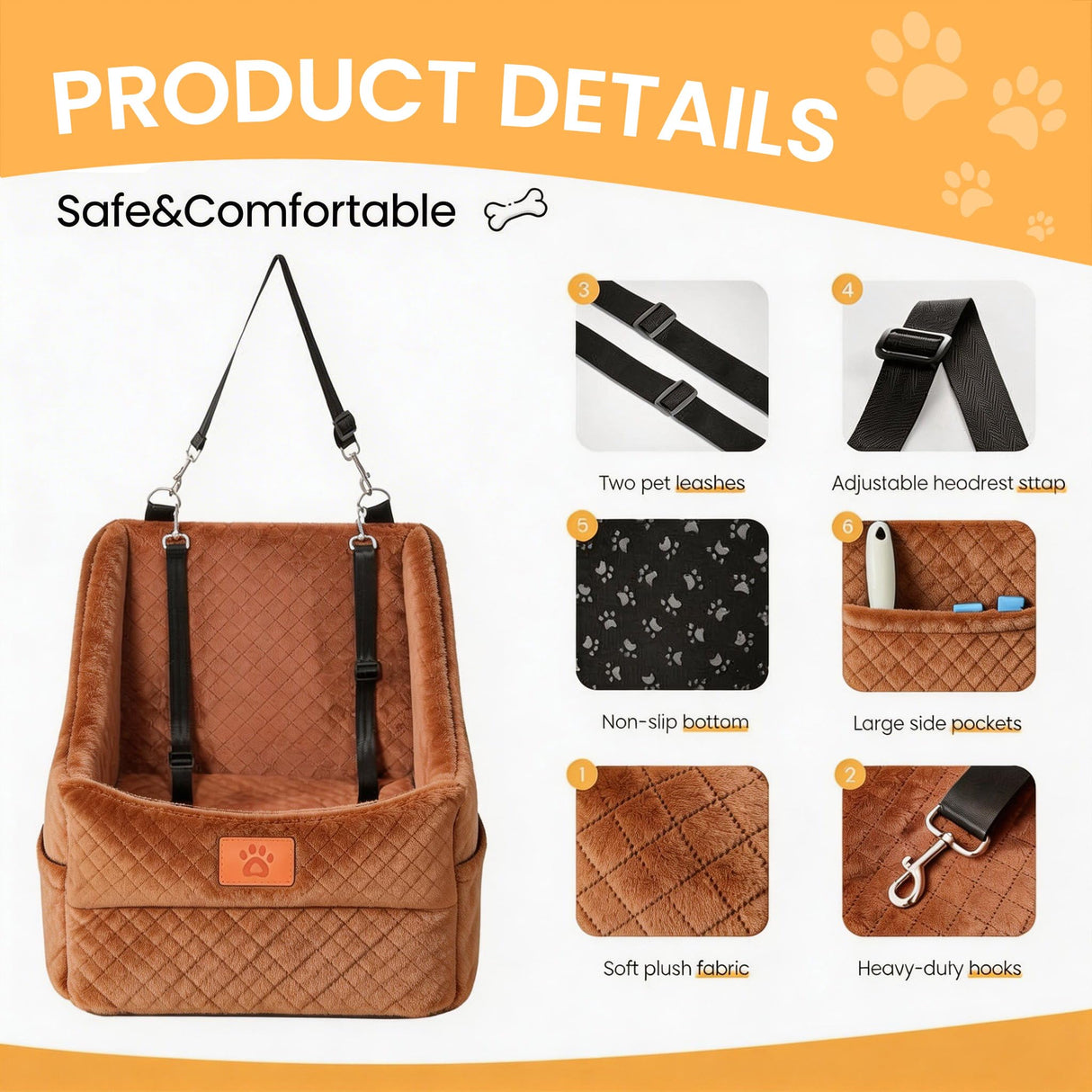 AiryCute Dog Car Seat for Medium Dogs – Premium Pet Booster Seat with Two Pet Safety Belts, Detachable Washable Cover Non-Slip Base, Portable Dog Travel Seat for Road Trips & Daily Errands Up to 35lbs