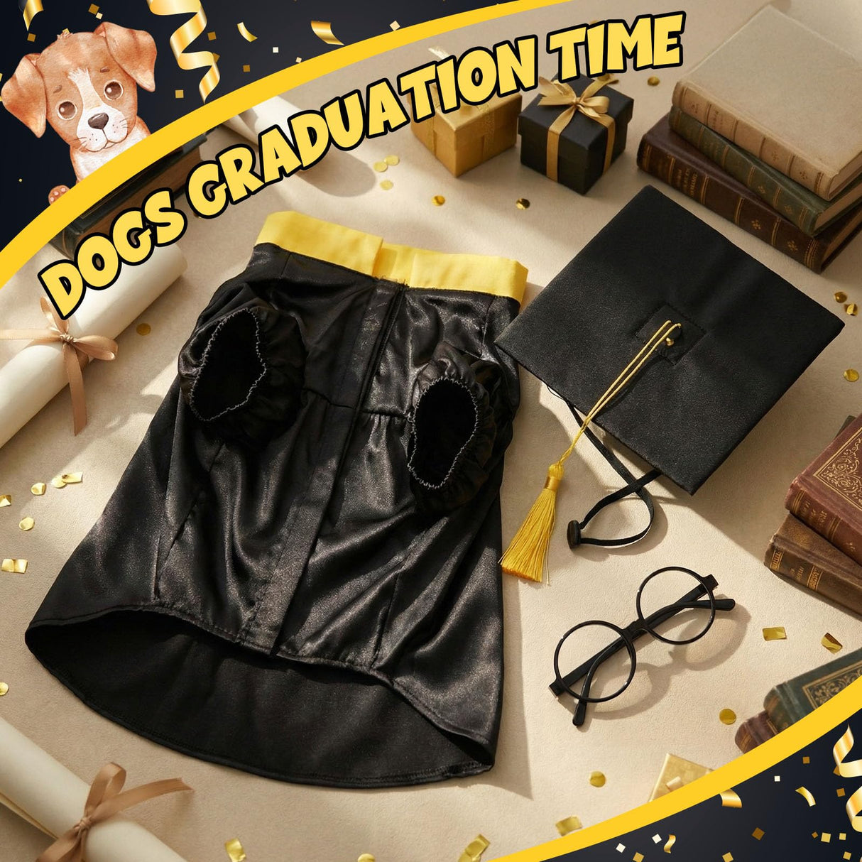 Huhumy 3 Pcs Dog Graduation Costume Set Include Pet Graduation Gown Adjustable Puppy Grad Cap with Gold Tassel Lensless Glasses for Dogs Cats Holiday Costume Accessory(Black,XL)