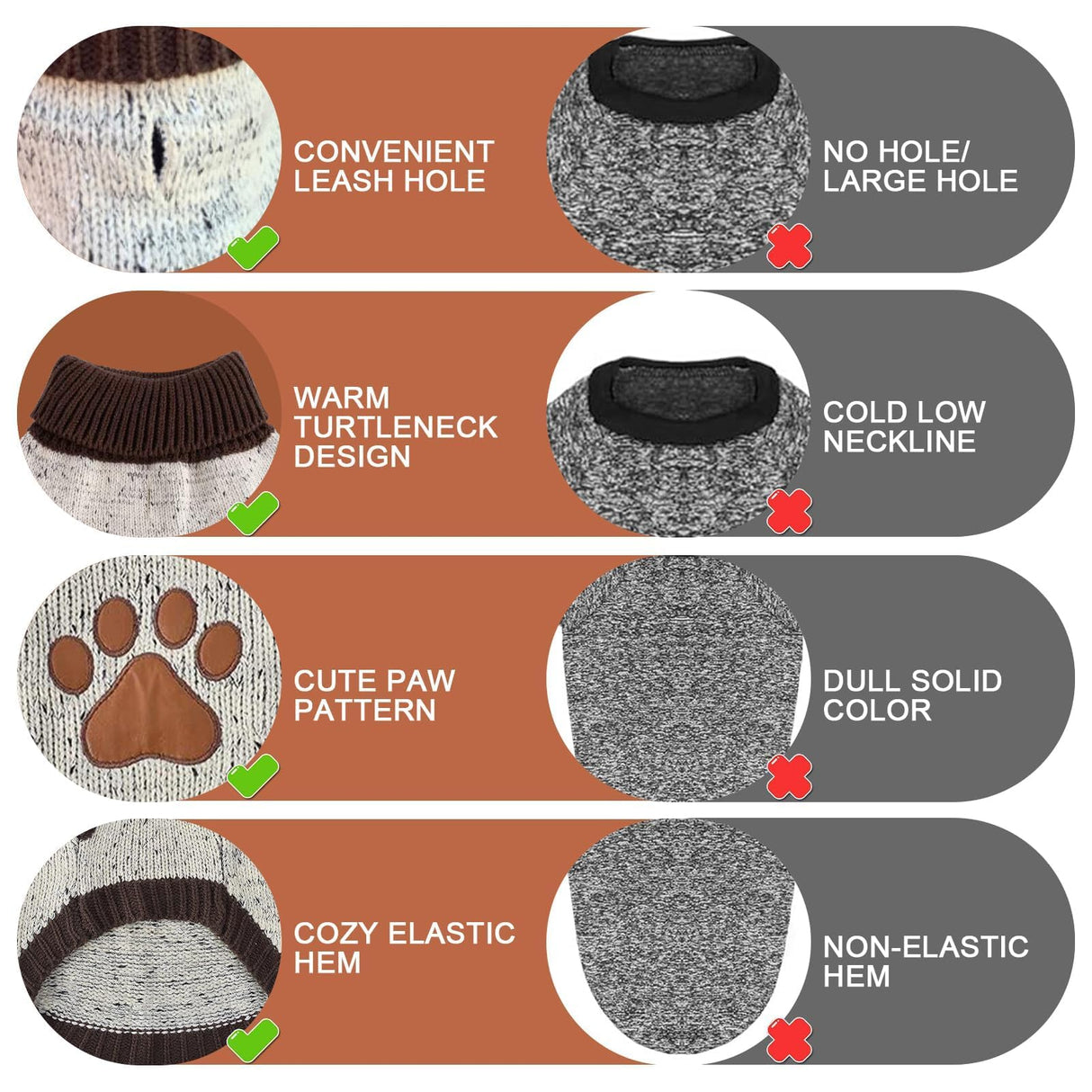 BINGPET Turtle Neck Dog Sweater - Brown Bone Pattern - Puppy Winter Warm Cloth for Small Medium Large Dogs