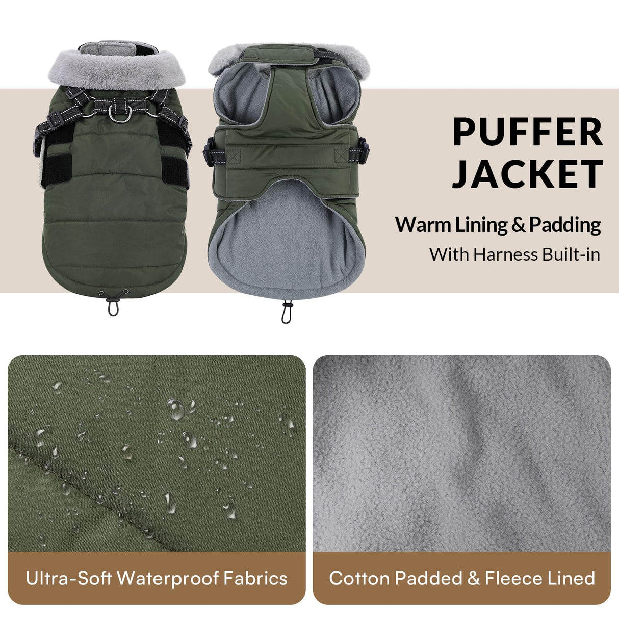 Queenmore Winter Dog Jackets for Large Dogs XXL, Waterproof Winter Coat for Extra Large Pitbull Danes, Warm Puffer Snow Jacket for Cold Weather - Fleece Lining Hook & Loop Closure Reflective, Green