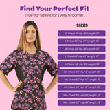 Ladybird Line 725 Pink and Purple Paw Print Waterproof Dog Grooming Smock, Hair and Bleach Resistant with Covered Zipper Panel, Solid Black Back, and Back Tie Belt - Ideal for Pet Groomers - L