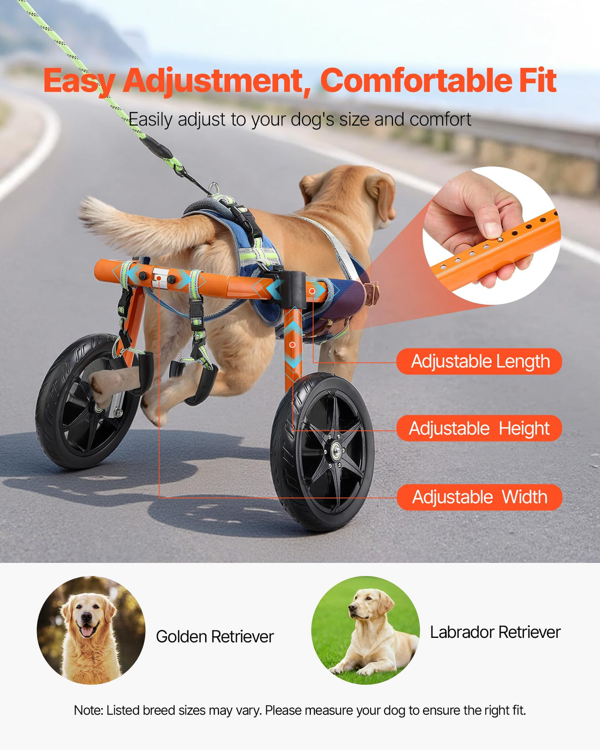 VEVOR Dog Wheelchair for Back Legs, Lightweight 2 Wheels Pet Wheelchair, Height, Width & Length Adjustable, Dog Cart with Shock-Absorbing Wheels, for Injured, Disabled Dogs 35-48 lbs, Medium