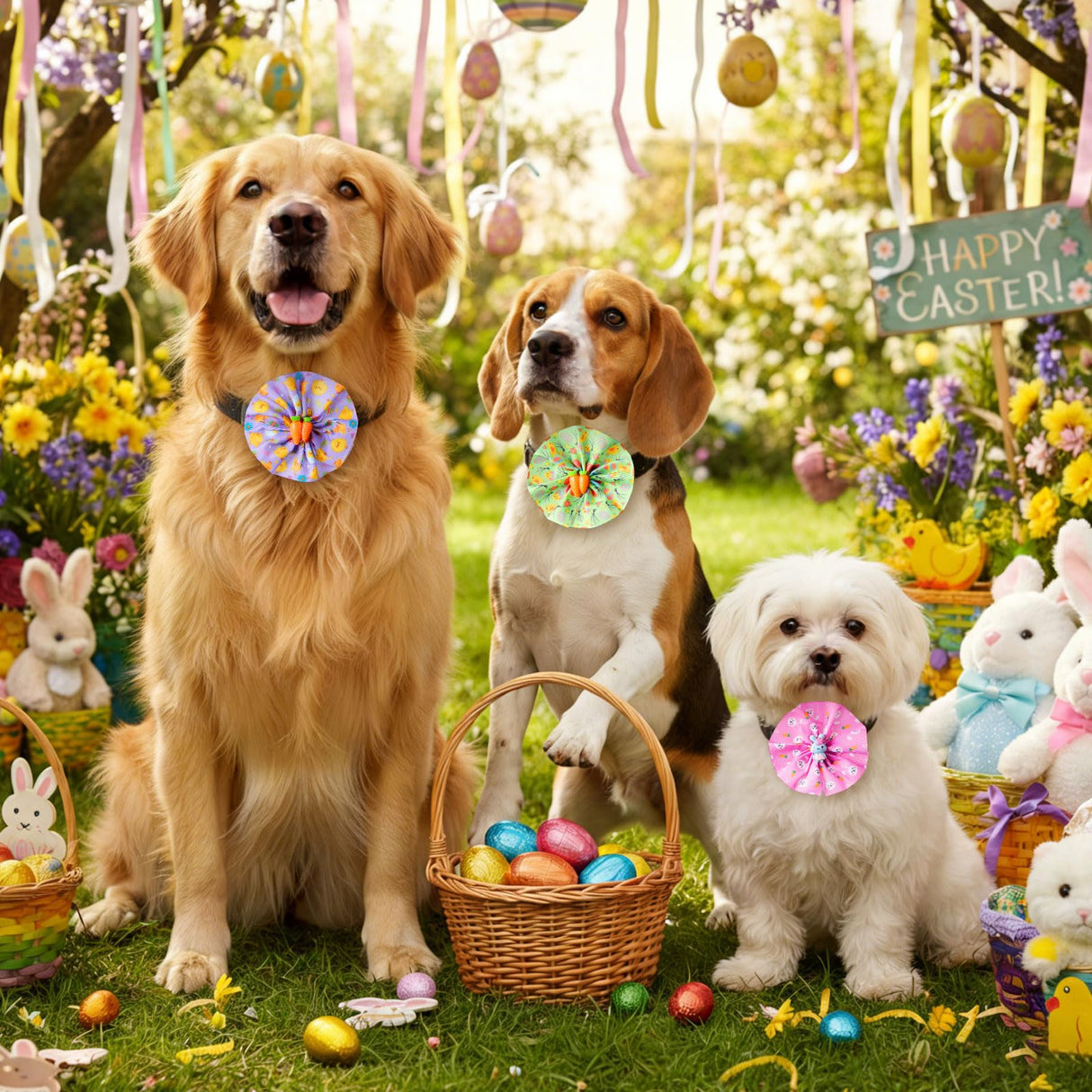 Huhumy 50 Pcs Easter Dog Collar Bow Ties Bulk Easter Day Charm Flower Attachment Collar with Rabbit Bunny Egg Carrot Triangle Pet Scarf Bowtie for Small Medium Large Cats Costume