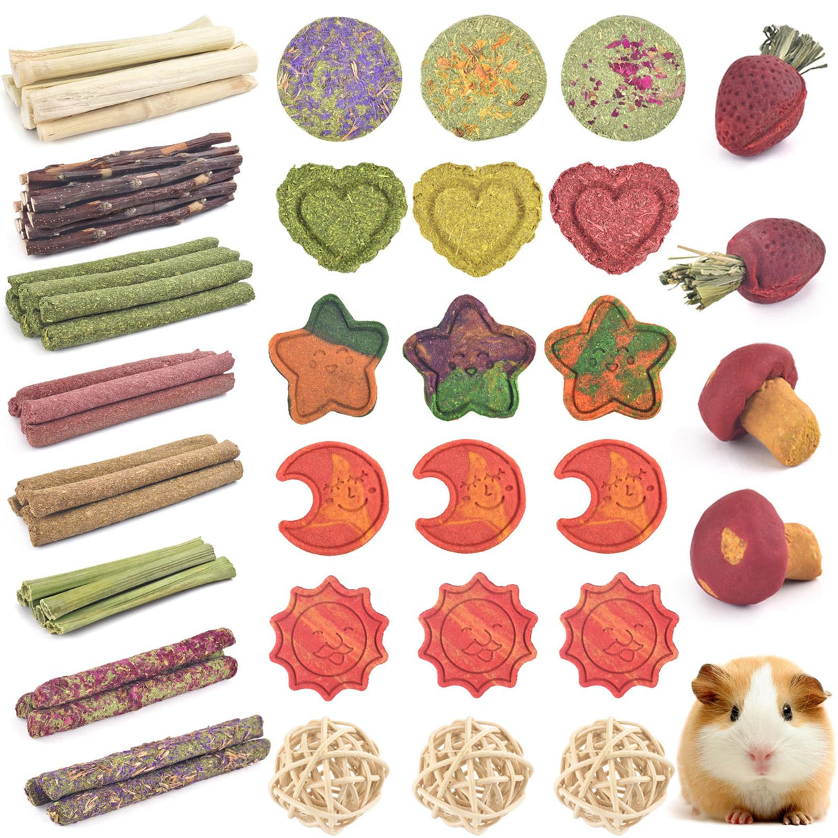 ERKOON 80PCS Bunny Chew Toys for Rabbits Teeth, Natural Rabbit Toys Apple Wood Sticks, Carrot, Timothy Grass Treats for Small Pets, Hamster, Chinchilla, Guinea Pig Dental Care and Treat Teething Toys