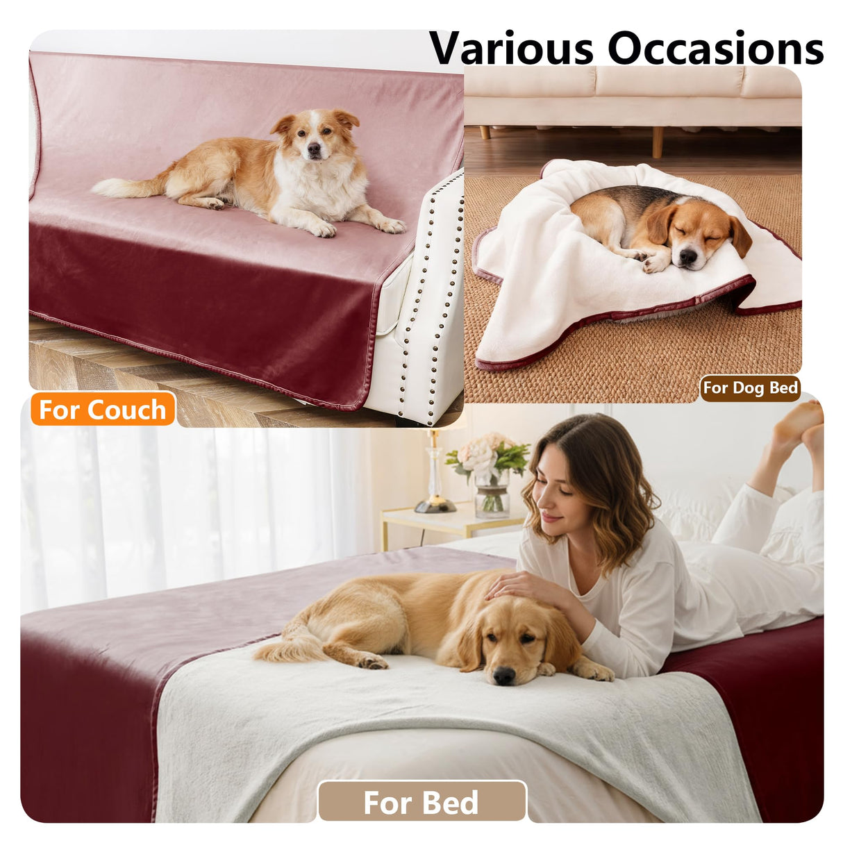 Tuffeel Waterproof Blanket for Bed King Size, Leak Proof Dog Couch Blankets Reversible, Pet Throw Sofa Furniture Protector Machine Washable-82 x108,Burgundy Red+Cream