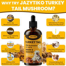Load image into Gallery viewer, Turkey Tail Mushroom for Dogs - Faster Absorption 2000mg Turkey Tail Mushroom for Immune &amp; Digestive, Joint, Energy, 5X Mushrooms for Pet Drop with Turmeric &amp; Probiotic - Vet Formulated, 90 ML/3FL.oz
