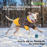 LovinPet Dog Sweater, Warm Flannel Onesie for Large Dogs, Winter Clothes with Front Sleeves and Snap Buttons, Cozy Pajamas for Sleep and Lounging, Glow in The Dark Dot Dot Black Prints, XXL