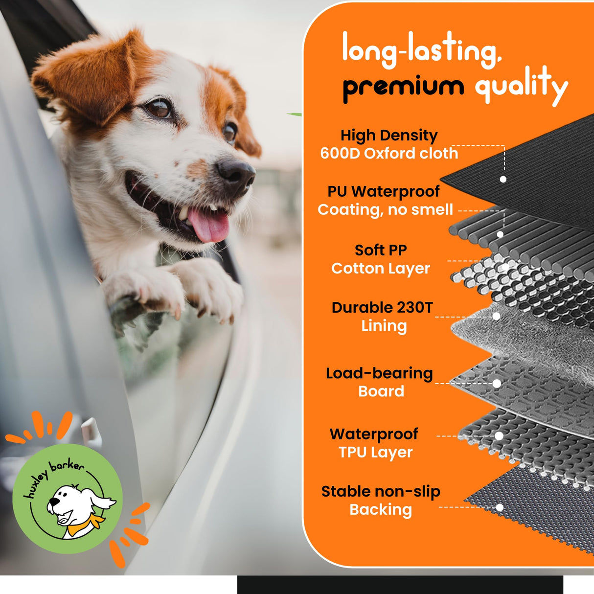 Huxley Barker Car Back Seat Extender for Dogs – 40% Extra Space, 600D Oxford Waterproof Dog Car Seat Cover with Hard-Bottom Bridge, Non-Slip Base, Mesh Window & Storage Pockets – Foldable Design