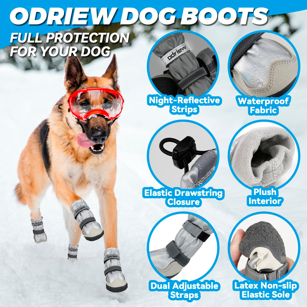ODRIEW Dog Shoes Large Size Dogs, 4PCS Waterproof Dog Booties-Dog Boots & Paw Protectors, Medium Shoes for Dogs with Reflective Strip, Anti-Slip Sole for Rain, Snow and Summer Hiking. (7)