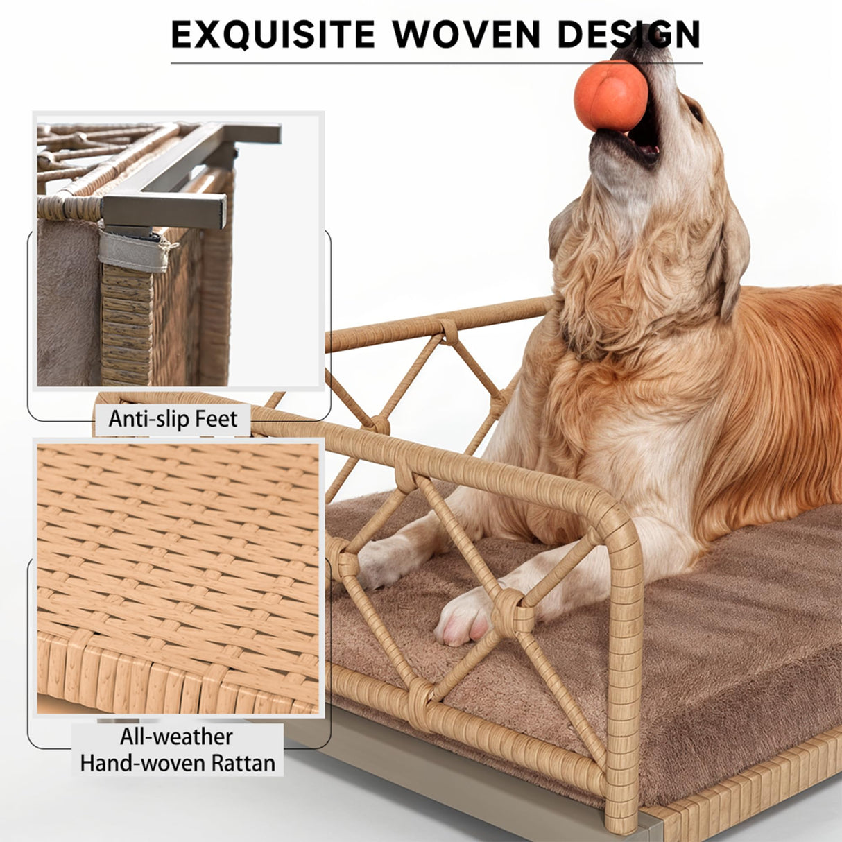 wallowsun Dog Bed with Cushion, Cooling Elevated Raised Beds with Rattan Breathable Mesh and Universal Mat, Indoor & Outdoor Pet Cots for Large Dog, Brown