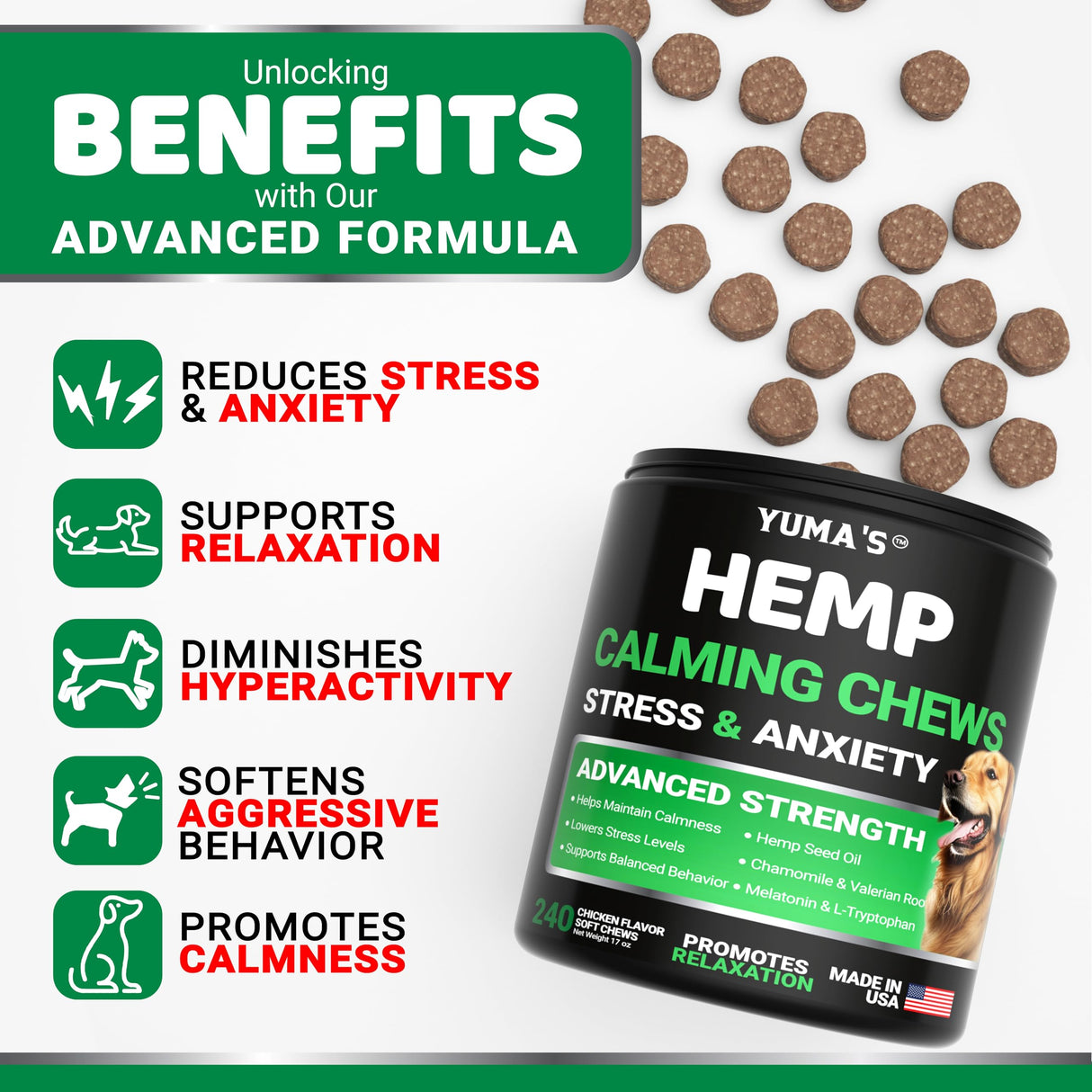 Hemp Calming Chews for Dogs - 240 Treats - Advanced Dog Calming Chews - Anxiety Relief Supplement Treats with Melatonin - Sleep Aid for Separation, Barking, Stress, Hip and Joint Support Made in USA