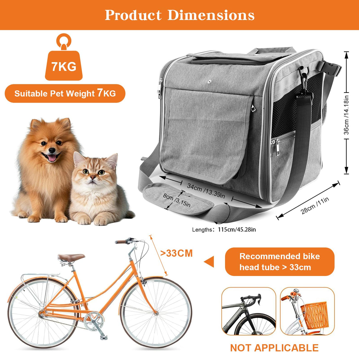 Xixter Dog Basket for Bike, Suitable for Small & Medium Pet Up to 7 kg, Foldable 4-in-1 Pet Bike Basket, Crossbody, Shoulder and Car Seat, with Sturdy Bracket and 4 Mesh Windows, Gray