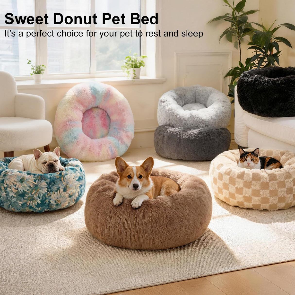 Dog Calming Beds for Small Medium Large Dogs - Round Donut Washable Puppy Dog Bed, Anti-Slip Faux Fur Fluffy Donut Cuddle Anxiety Cat Pet Bed(20" Black