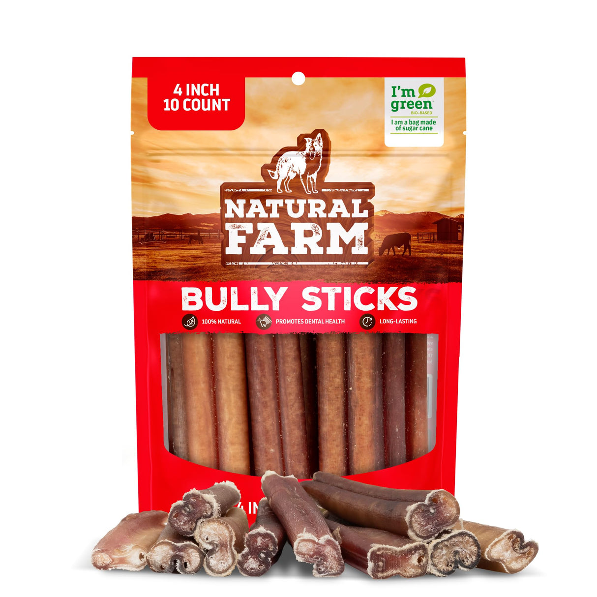 Natural Farm Odor Free Bully Sticks (4 Inch, 10 Pack) for Small & Medium Dogs - 100% Beef Chews for Pups, Non-GMO, Grain-Free, Fully Digestible Long Lasting Dog Treats