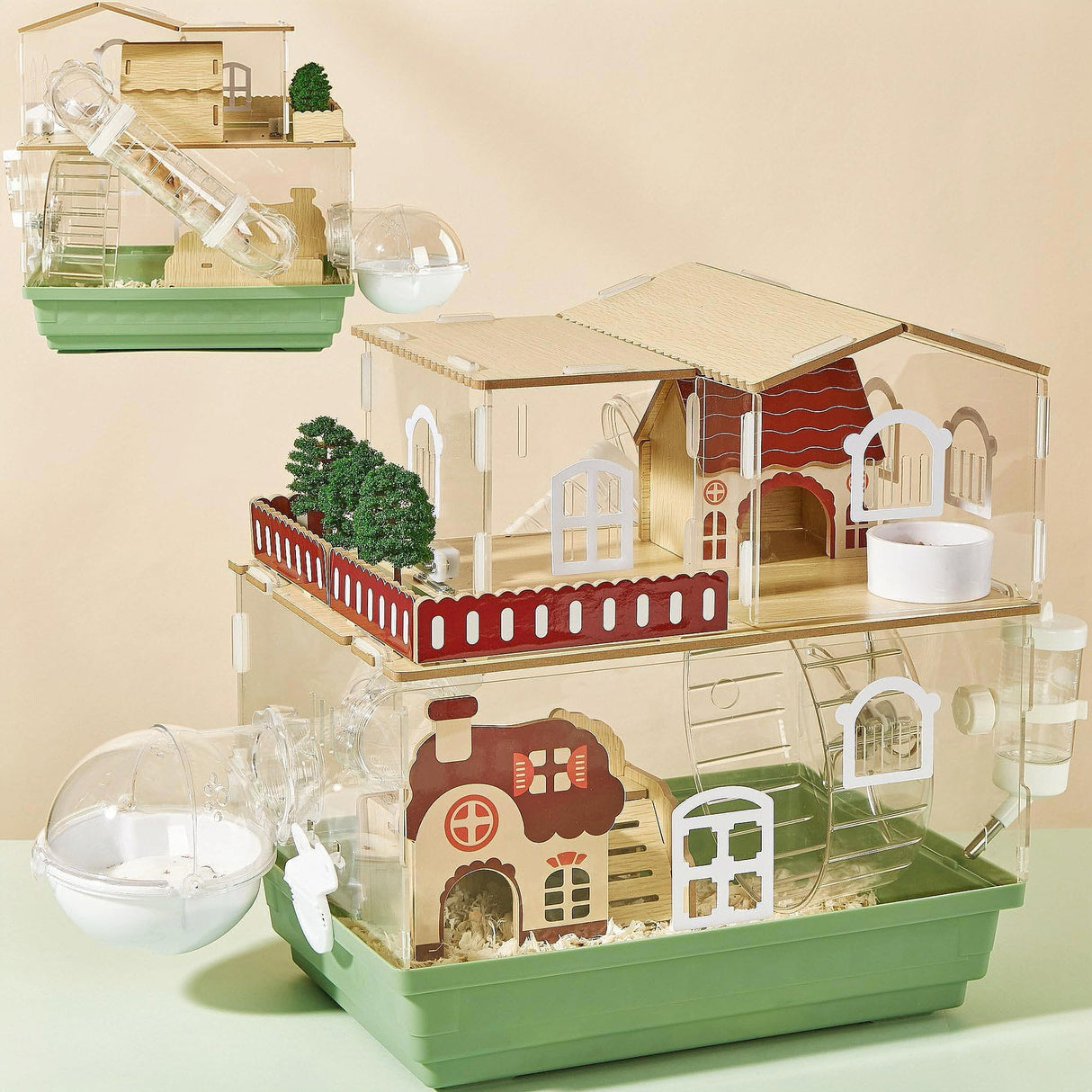 12 in 1 Clear Acrylic Hamster Cage with All Accessories,13.5''L* 10''W* 15''H Dwarf Hamster Cage,Magnetic Connection Small Hamster Enclosure,Garden Style Wooden Mouse Cage for Pet Mice(2-Layer,Green)
