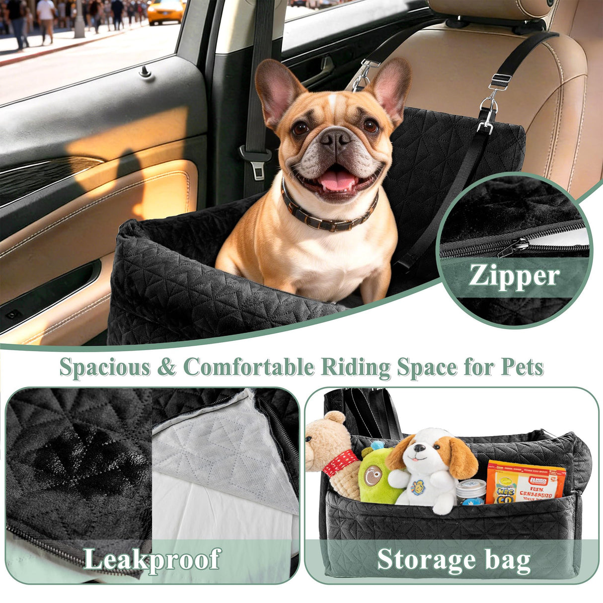 Dog Booster Car Seat for Small/Medium Dogs, VIVASNIFF 6 Inches Memory Foam Elevated Dog Pet Car Bed up to 45 lbs with 2 Safety Belts, Leakproof, Detachable and Washable (Black).