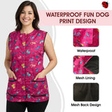 Ladybird Line 711 Pink Dog Design Waterproof Pet Grooming Vest, Hair and Bleach Resistant, Covered Zipper Panel, Mesh Back, Adjustable Back Tie Belt, 2 Front Pockets, Pet Groomers and Vet Clinics-3XL