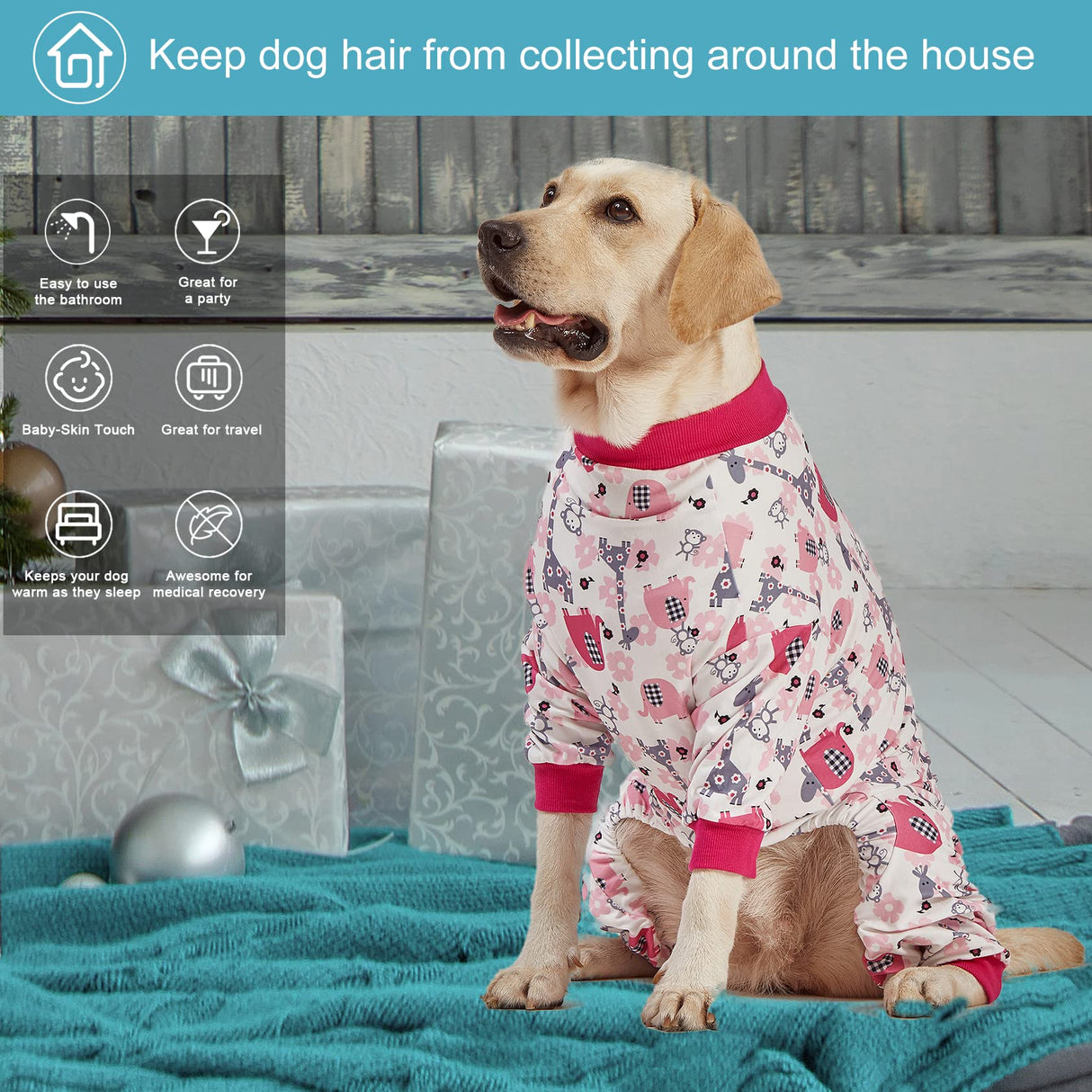 LovinPet Big Dog Pajamas, Pet Anxiety Relief, Anti Licking, Post Surgery Recovery Clothe, Lightweight Stretch Fabric, Jungle Dreams Fuchsia Print, Large Dog Jammies,Big Breed Pet PJ's, L