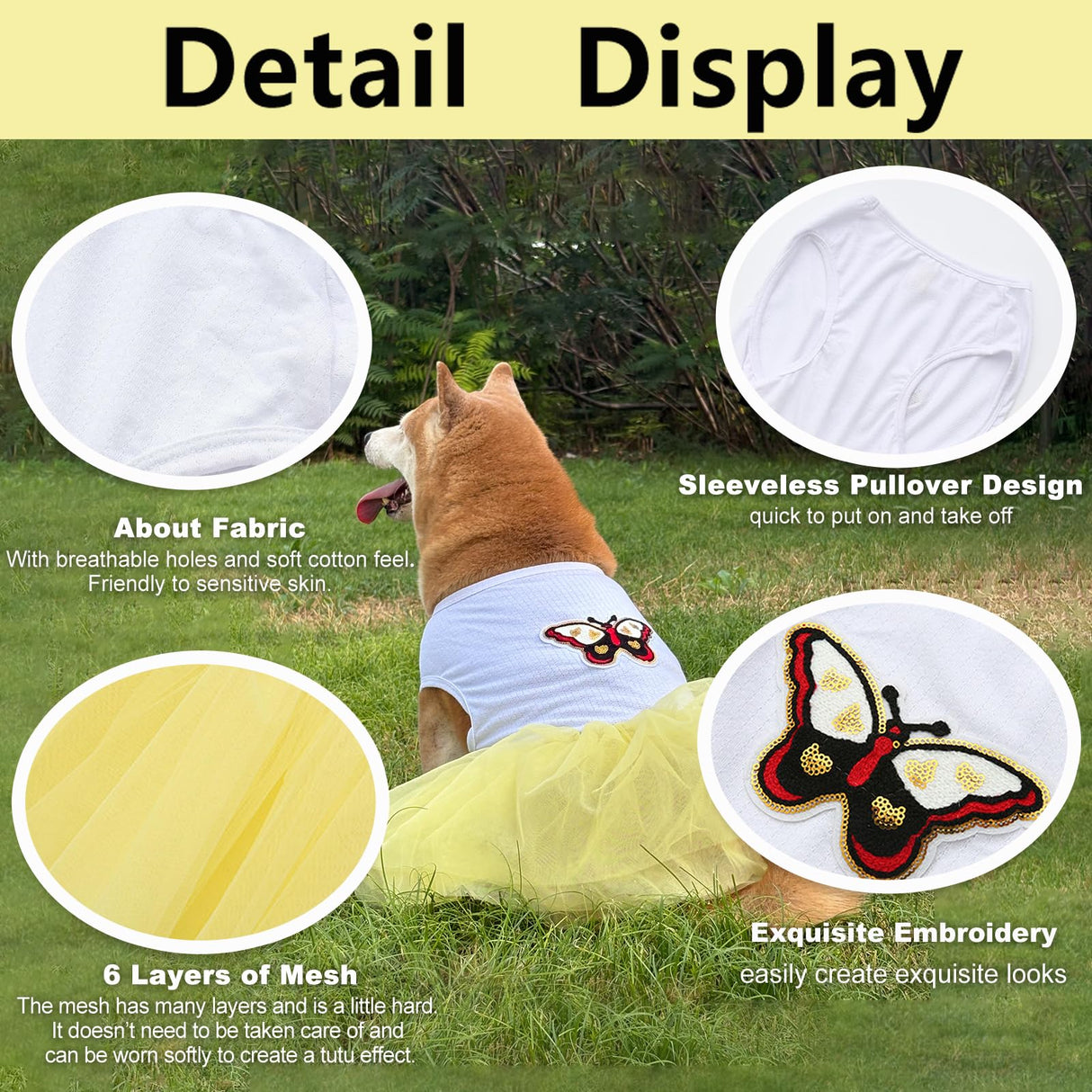 UOSIA Dog Princess Dresses for Large Dogs Girls Sleeveless Pullover Wedding Birthday Tutu Dress with Butterfly Embroidered Summer Breathable Big Breed Female Dog Clothes(Yellow,5XL)