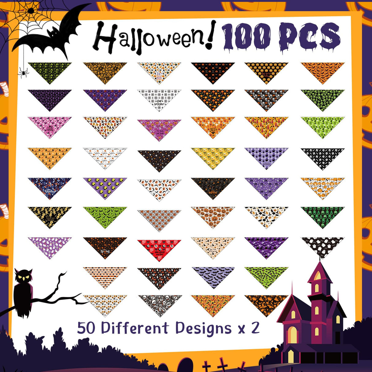 Huhumy 100 Pcs Halloween Dog Bandanas Bulk Pumpkin Ghost Bat Dog Scarf Triangle Pet Neckerchief Bibs Adjustable Washable Pumpkin Puppy Costume Accessories for Grooming Supplies Small to Large Dogs Cat