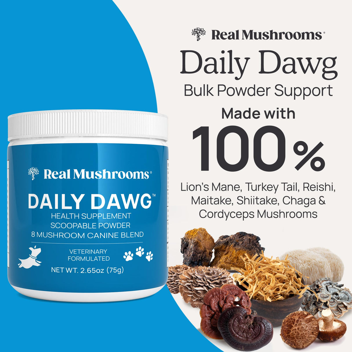 Real Mushrooms Whole Dog Health – Functional Mushroom Blend for Dogs with Lion’s Mane, Cordyceps, Turkey Tail, Reishi, Shiitake for Overall Wellbeing of Dogs – 2.65 oz Powder Supplement