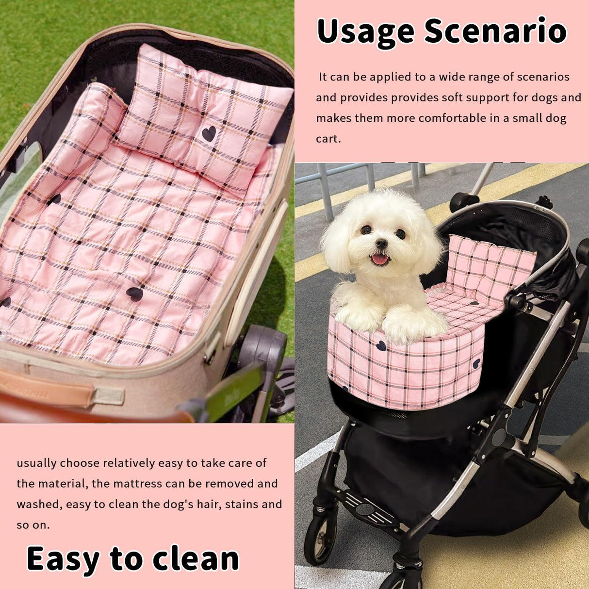 Lukhmelf Pet Stroller Pad, Anti-Slip Bottom, Removable & Washable Dog Pillow & Quilt Set (Pink)