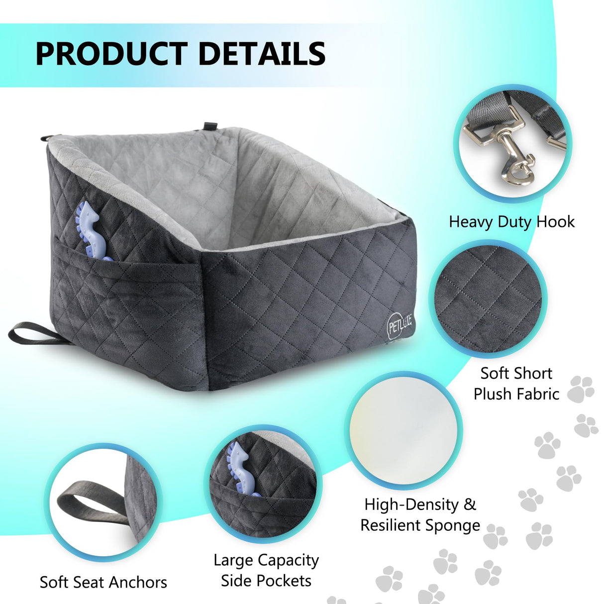 PETLUXE Dog Car Seat – Soft and Comfy Dog Booster Car Seat for Small, Medium Dogs Weighing Up to 30 lbs – Washable and Detachable Puppy Booster Seat with Strap and Pocket – Pet Travel Essential