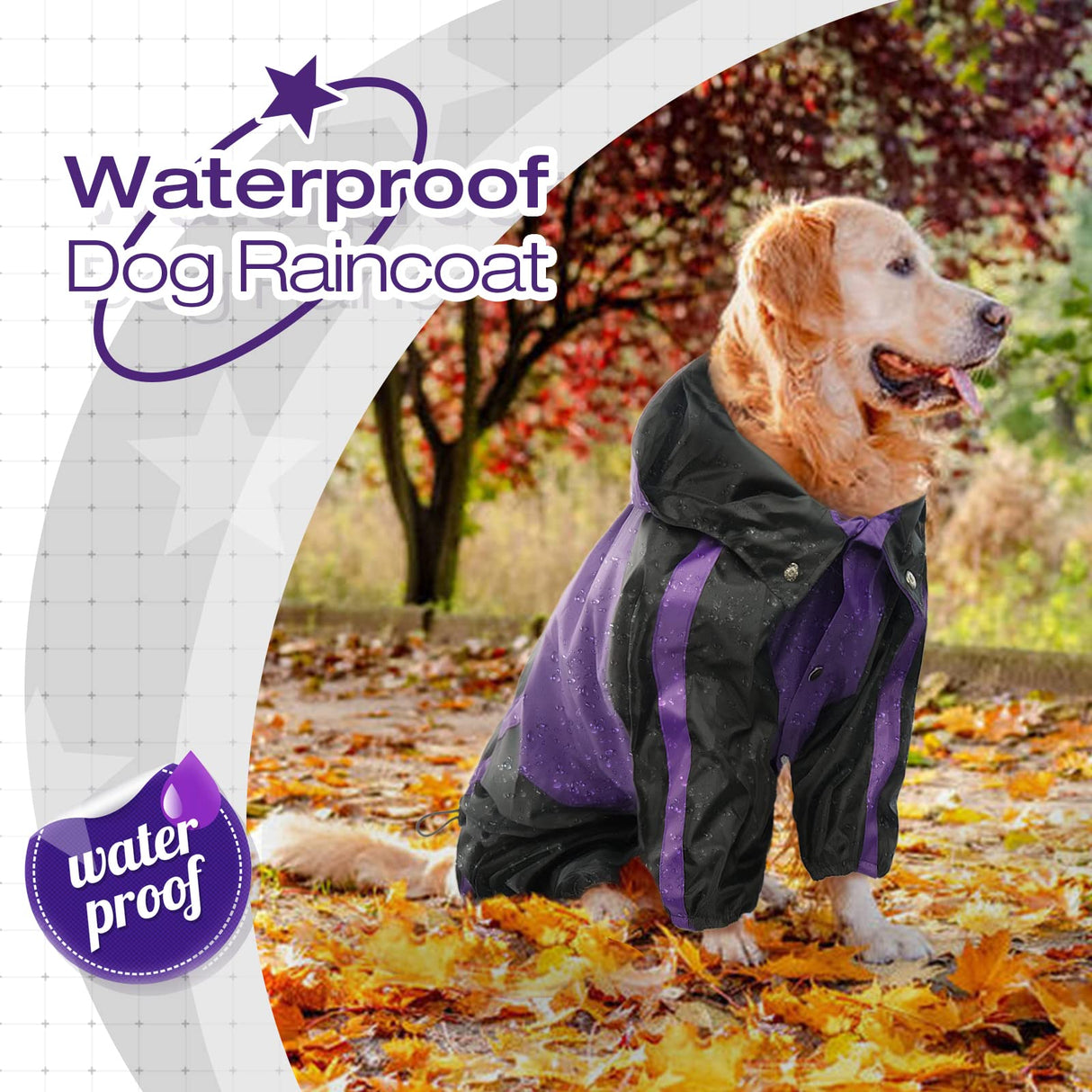 OUOBOB Dog Raincoat, Waterproof Dog Rain Coats for Large Dogs, Lightweight Rain Jacket, Adjustable 4 Legs Pet Poncho with Hood, Snow-Proof Dog Vest Rainwear, Rain Clothes Apparel with Leash Hole
