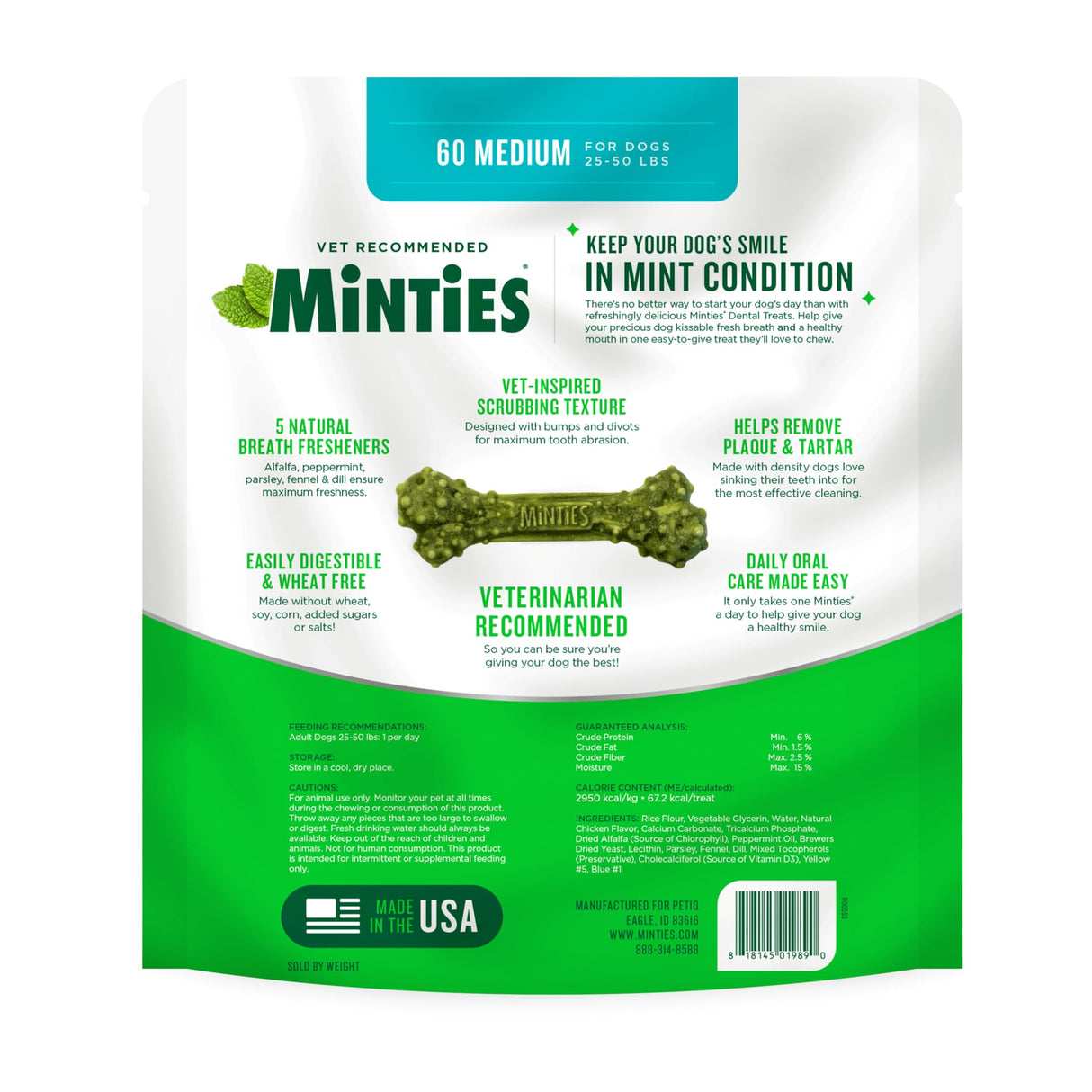 Minties Dental Chews for Dogs, 60 Count, Vet-Recommended Mint-Flavored Dental Dog Treats for Medium Dogs, Bones Clean Teeth, Fight Bad Breath, and Removes Plaque and Tartar