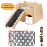 Guinea Pig Hideout, Small Animals House with | Mat Ramp | Cave | Blanket | Toy |, Wooden Detachable Castle for Guinea Pig Cages Accessories, Bed Hut Habitats for Hamster Bunny Playing Sleeping Hiding