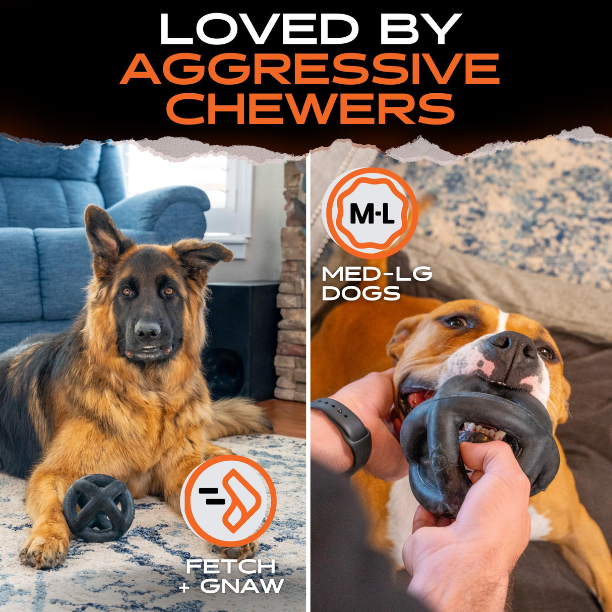 Monster K9 Indestructible Dog Ball – Lifetime Replacemnet - Durable Dog Toy for Aggressive Chewers - Safe, Non-Toxic Natural Rubber - Chew, Tug & Fetch - Tough, Heavy Duty - 5.5” (2X Tennis Ball Size)