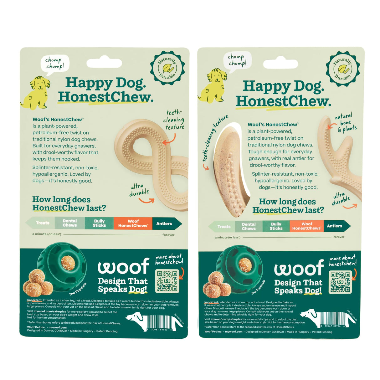 WOOF HonestChew Dog Toy Duo - Durable Dog Chews - Made with Plant-Based Ingredients - Splinter-Resistant - Safer Than Dog Bones - with HonestChew Antler and Infinity - Gift for Dogs - Medium