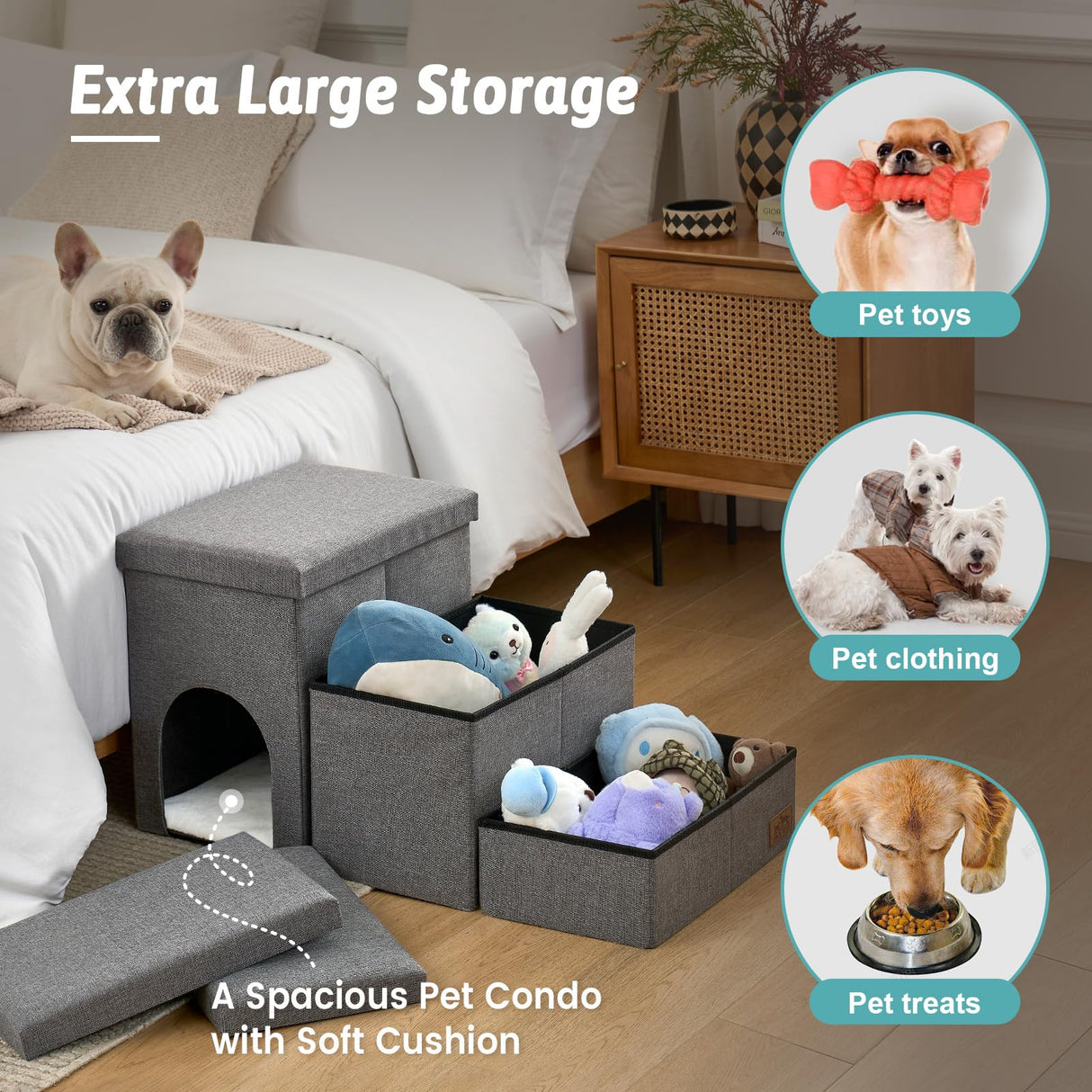 Dog Stairs with Storage, 4-Step Wider Sturdy Dog Steps for Small/Medium/Large Dogs and Older Cats, Doggie Ramp with Condo for Bed/Couch/Car Hold Up to 180 lbs (22.6" H, Grey)