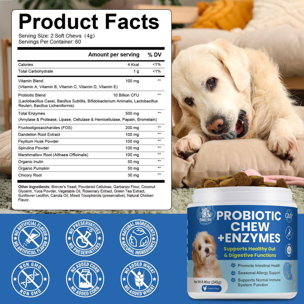 Probiotics Dog Allery Chews for Dogs, Improve Itchy Skin Itchy Ears, Yeast Balance, Gut Health, Probiotics (10 Billion CFU) for Dog Immune Health & Allergy Relief Chews + Vitamins Blend