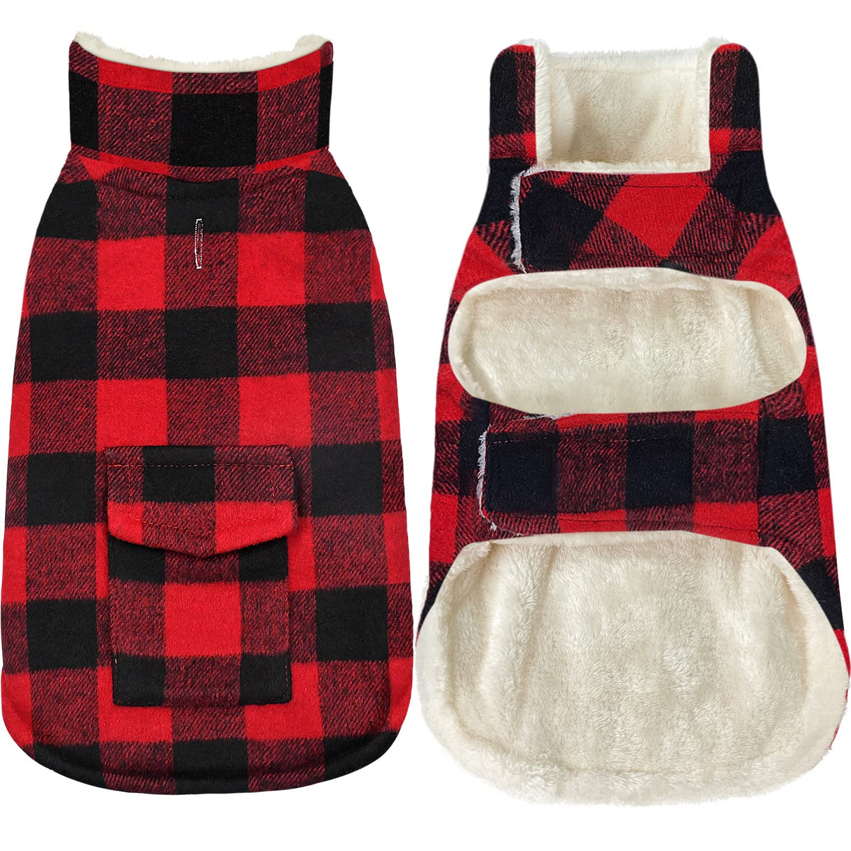 Malier Winter Coat for Dogs - Classic Plaid Fleece Cold Weather Jacket With Pocket, Windproof Warm Vest Clothes for Small Medium Large Dogs (Red, Medium)