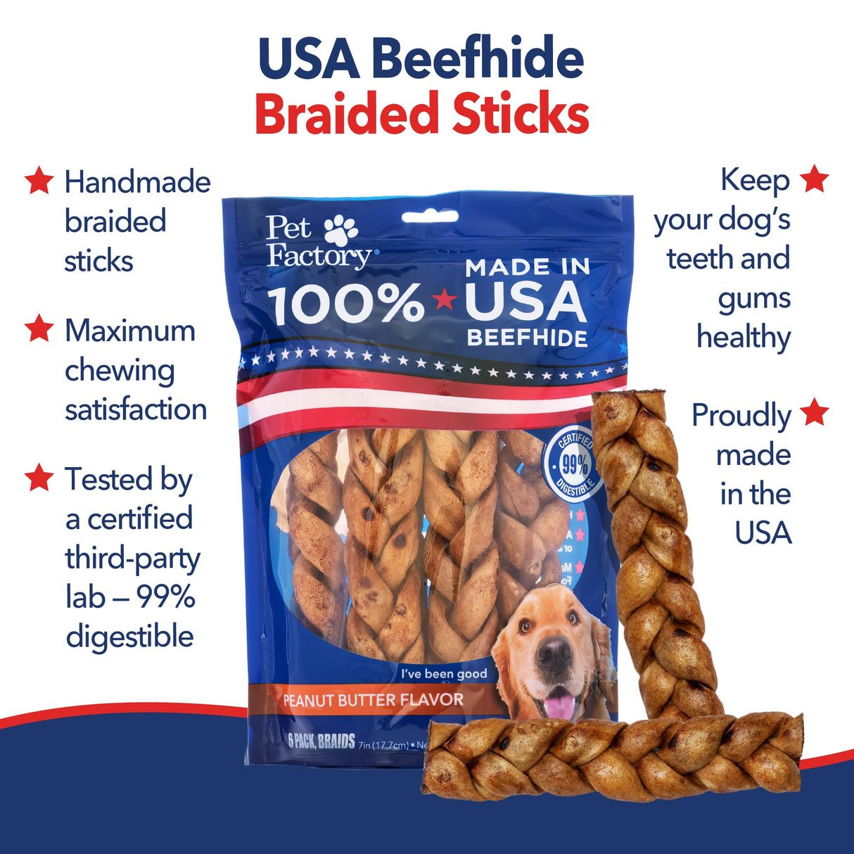Pet Factory 7in Braided Beefhide Dog Chew Sticks with Peanut Butter Flavor - 100% USA Made Rawhide Chews for Medium Dogs, Long Lasting Dental Health, 7 inches (Pack of 6)
