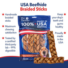 Load image into Gallery viewer, Pet Factory 7in Braided Beefhide Dog Chew Sticks with Peanut Butter Flavor - 100% USA Made Rawhide Chews for Medium Dogs, Long Lasting Dental Health, 7 inches (Pack of 6)
