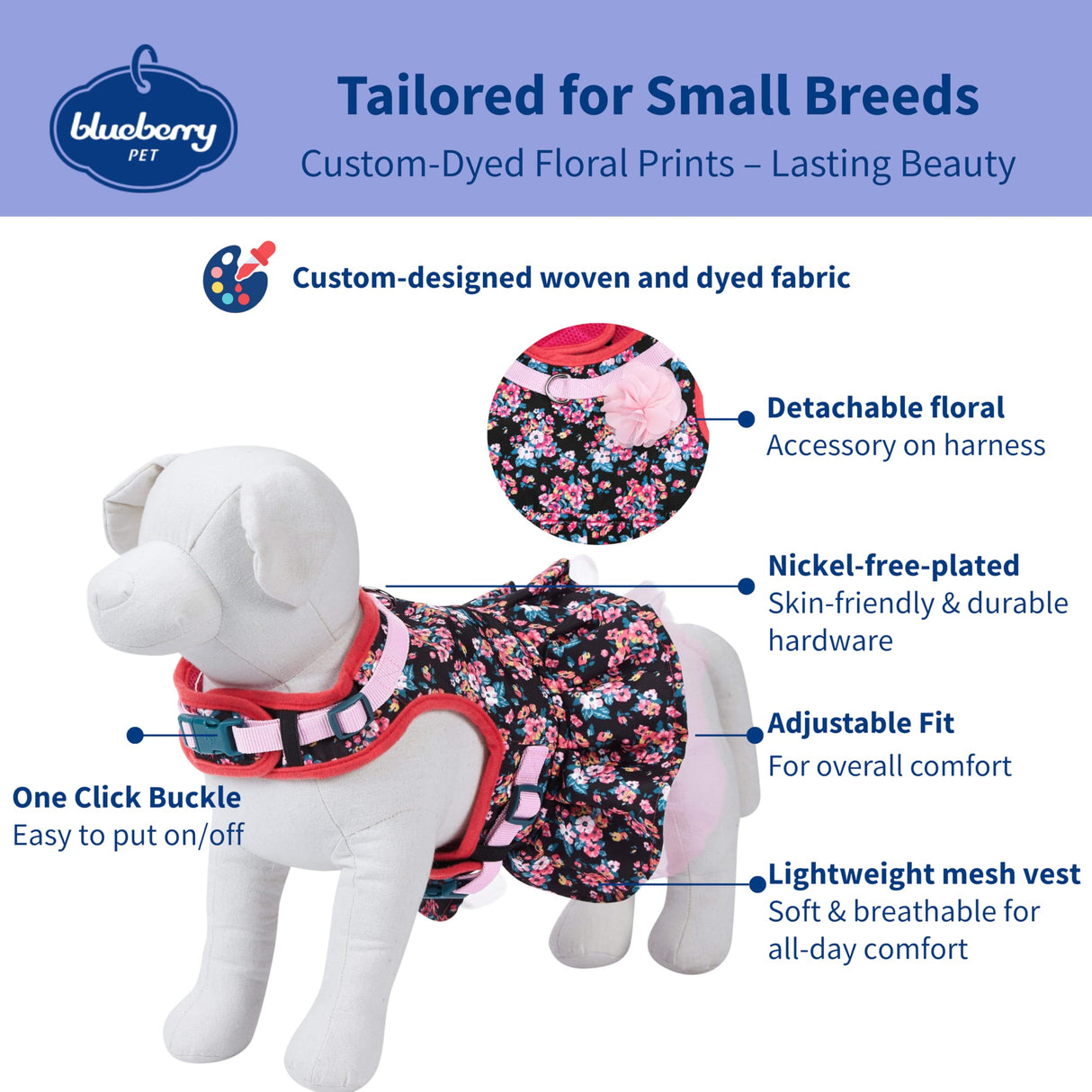 Blueberry Pet New Soft & Comfy Made Well Elegant Floral No Pull Mesh Dog Costume Harness Dress in Sleek Black, Chest Girth 19"-21", Small, Adjustable Harnesses for Dogs