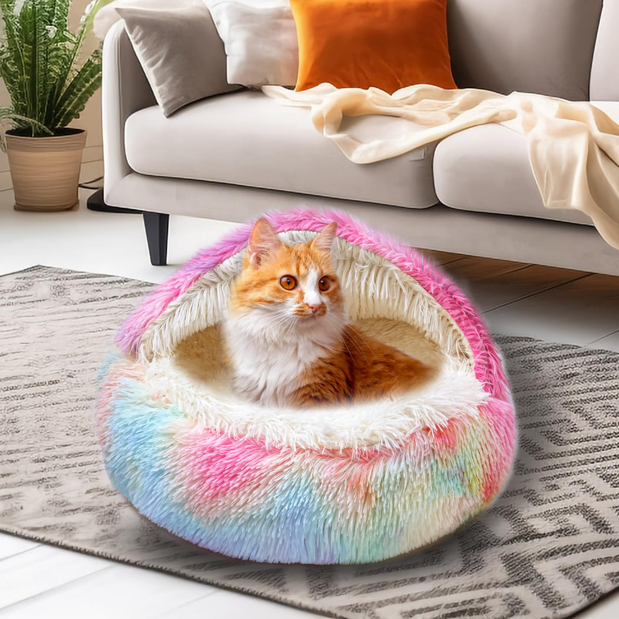 Dazzle Calming Dog & Cat Cave Bed with Washable, Anti-Slip Faux Fur Cover, Comfortable Warming Pet Bed for Small Medium Pets (24 * 24 inch)