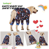 LovinPet Large Big Dog Pajamas - Anxiety Calming Dog Onesie, Pet Pajamas for Dogs, Lightweight Stretchy 4 Legged Style Large Dog Jammies, Space Animals Black Print, Pet Pjs,Black XL