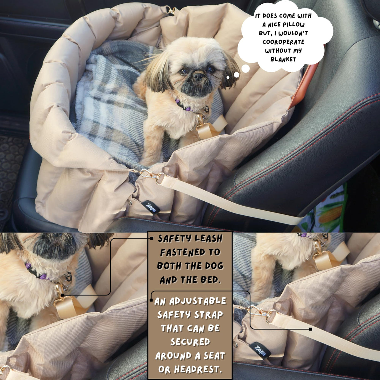 ZEPA Dog Car seat for Small Dogs, Dog Carrier for Small Dogs, Washable Oxford Fabric with Sherpa Pillow Adjustable Straps and Clip-on Leash Travel Carrier Bed 25Lb (Large)