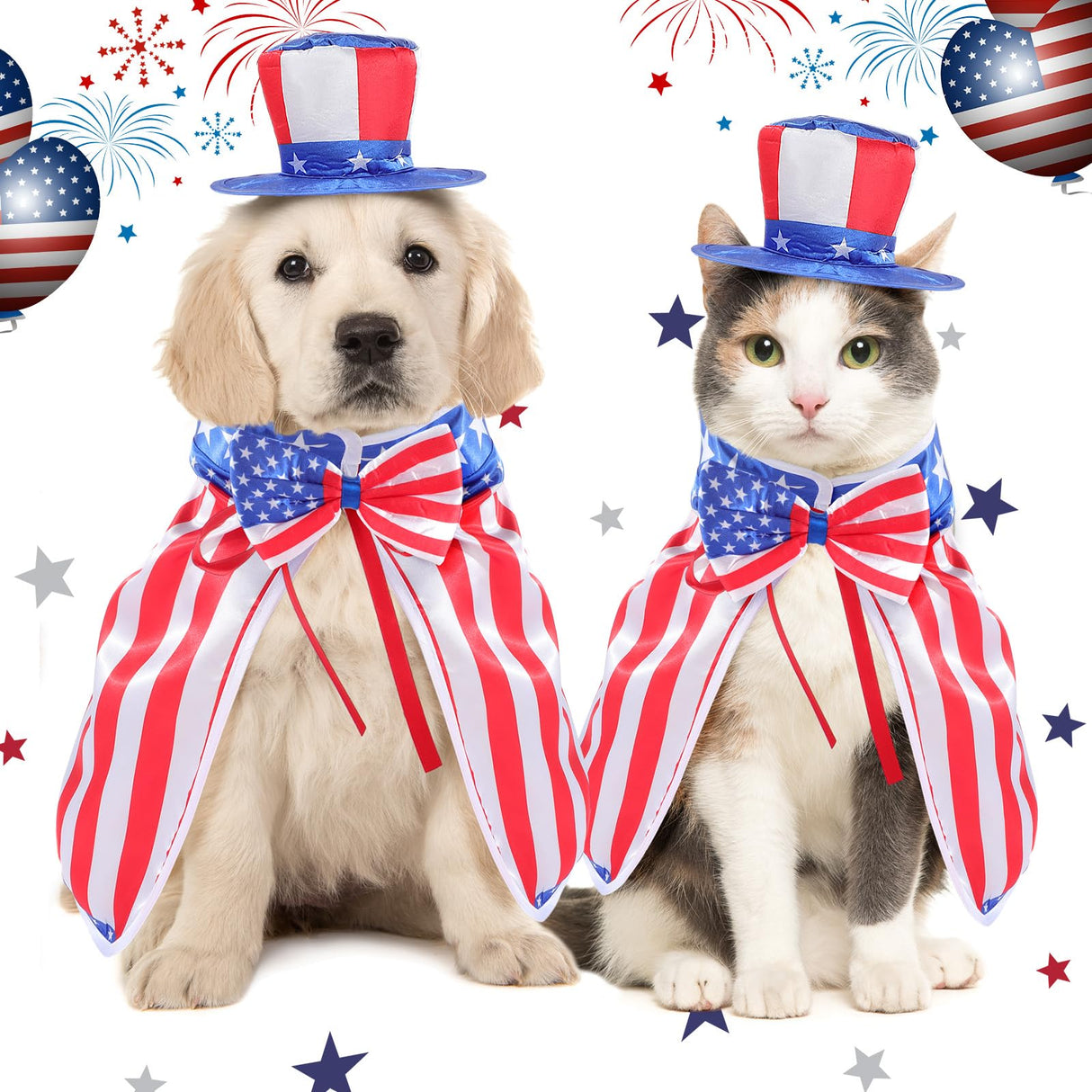 JaGely 3 Pcs 4th of July Dog Outfit Memorial Day Dog Costume Set Includes Top Hat, American Flag Bow Tie Collar and Cape Patriotic Pet Outfit for Dogs Cats Puppy Kitten(S,Classic)