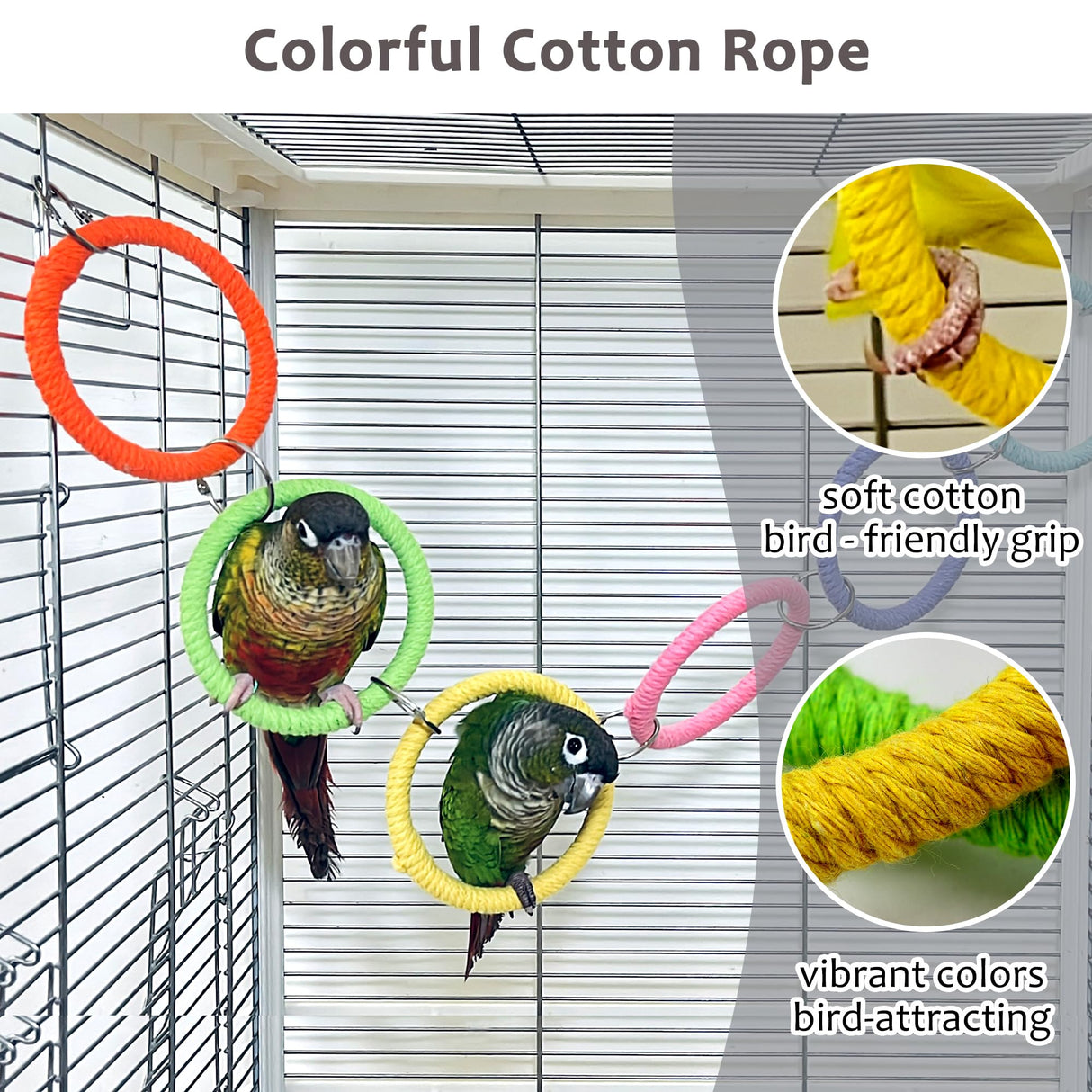 Jevnd 6-Ring Bird Swing Toy for Cage, Colorful Cotton Rope Perch for Parrots Soft Grip, DIY Adjustable Hanging Parakeet Toys, Interactive Multi-Bird Swing and Climb for Budgies, Lovebirds, Cockatiels