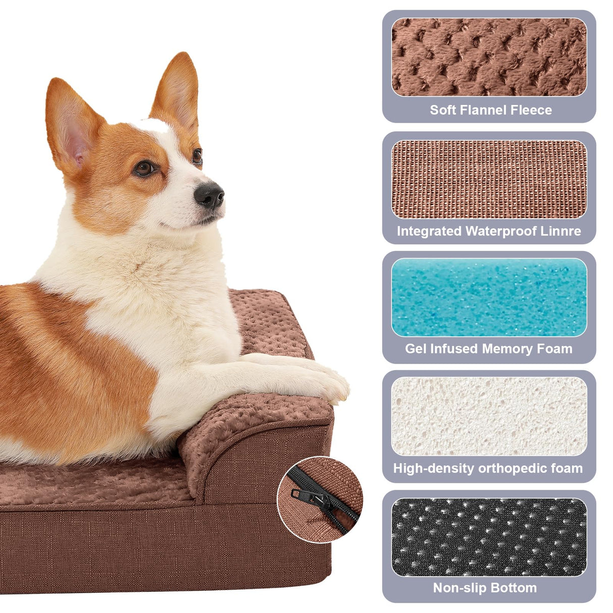 Rainmr Orthopedic Dog Bed for Small and Medium Dogs, Memory Foam Pet Bed with Washable Removable Cover, Nonskid Bottom, Waterproof, for Indoor, Outdoor, Crate ＆ Car Use, 30x20x6 Inches, Brown Grey