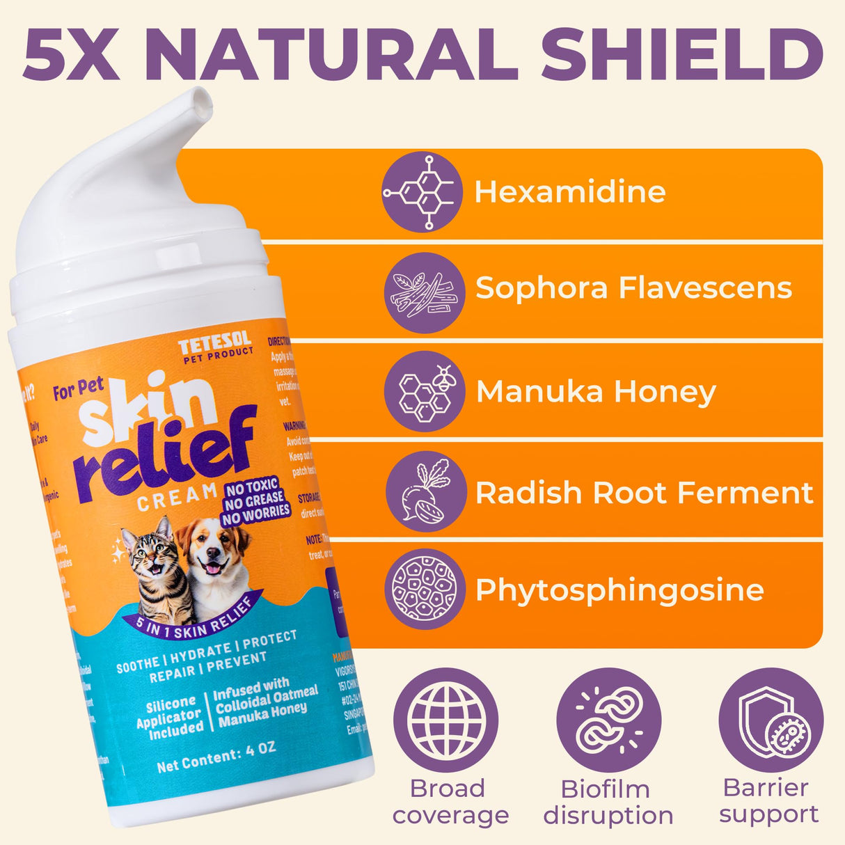 Tetesol Dog Itchy Skin Relief Cream Hot Spot Treatment, Dogs Balm Rapid Healing Dry Itchy Skin with Colloidal Oatmeal Manuka Honey- 100g Lotion with Applicator