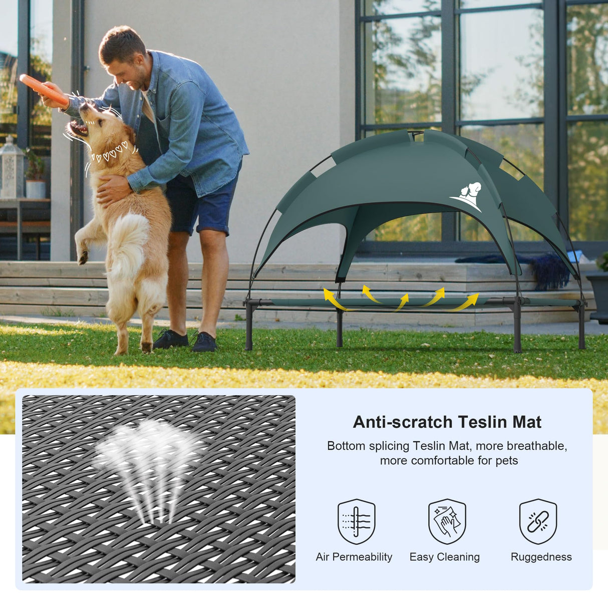 GOJOOASIS Outdoor Dog Bed with Canopy, Waterproof Outside Dog Cots Pet Bed with Removable Canopy Tent, Cat Bed Shelter, Lifted Camping Pet Bed for Medium Dogs (Blue)