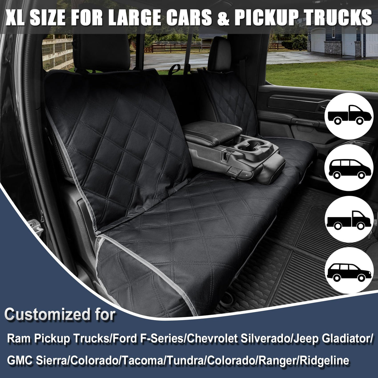 ZQ Trucks Dog Car Back Seat Cover for Ram1500/F150/GMC Sierra/Tacoma/Chevrolet Silverado, Access for Middle Seatbelt, Waterproof Bench Seat Protector for Pickups Nonslip Rear Dog Cover